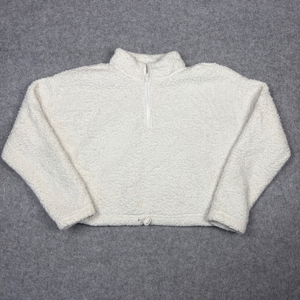 LA Hearts Cream Sherpa Fleece Quarter Zip Cropped Pullover Sweatshirt Medium